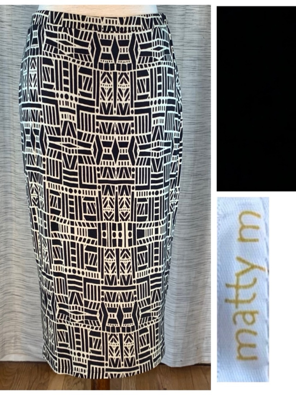 Matty M black and off-white geometric designed pencil skirt.